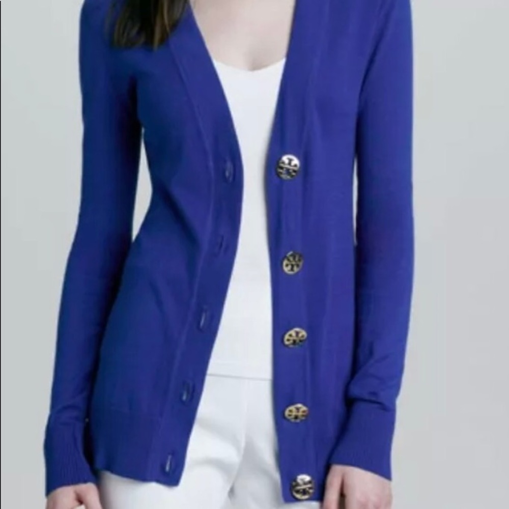 Tory Burch Royal Blue Lightweight Gold Logo Buttons Cardigan Sweater Womens Sz S